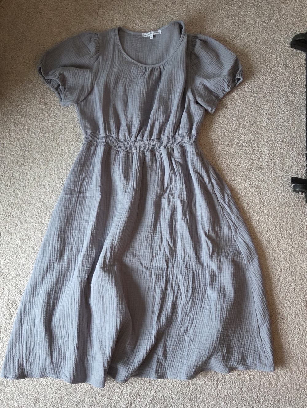 Smocked-Waist Slate Blue Midi Dress with Puff Sleeves
